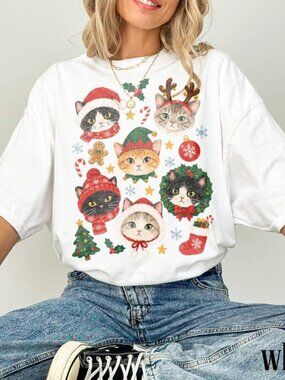 Cute Christmas Cat Lover Shirt, Festive Cat Faces Graphic Tee